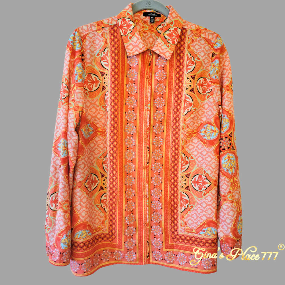 Rafaella Women's Persian Tile Print Boho Orange Button Down Long Sleeve Top Lrg